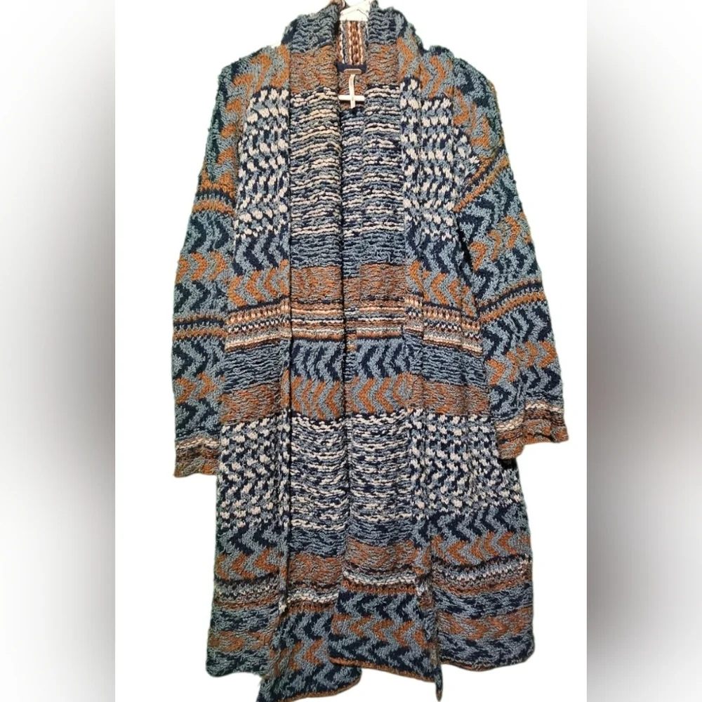 Free People Blue and Brown Knit Cardigan Size VGUC Small Oversized PTP 24 - Picture 3 of 5